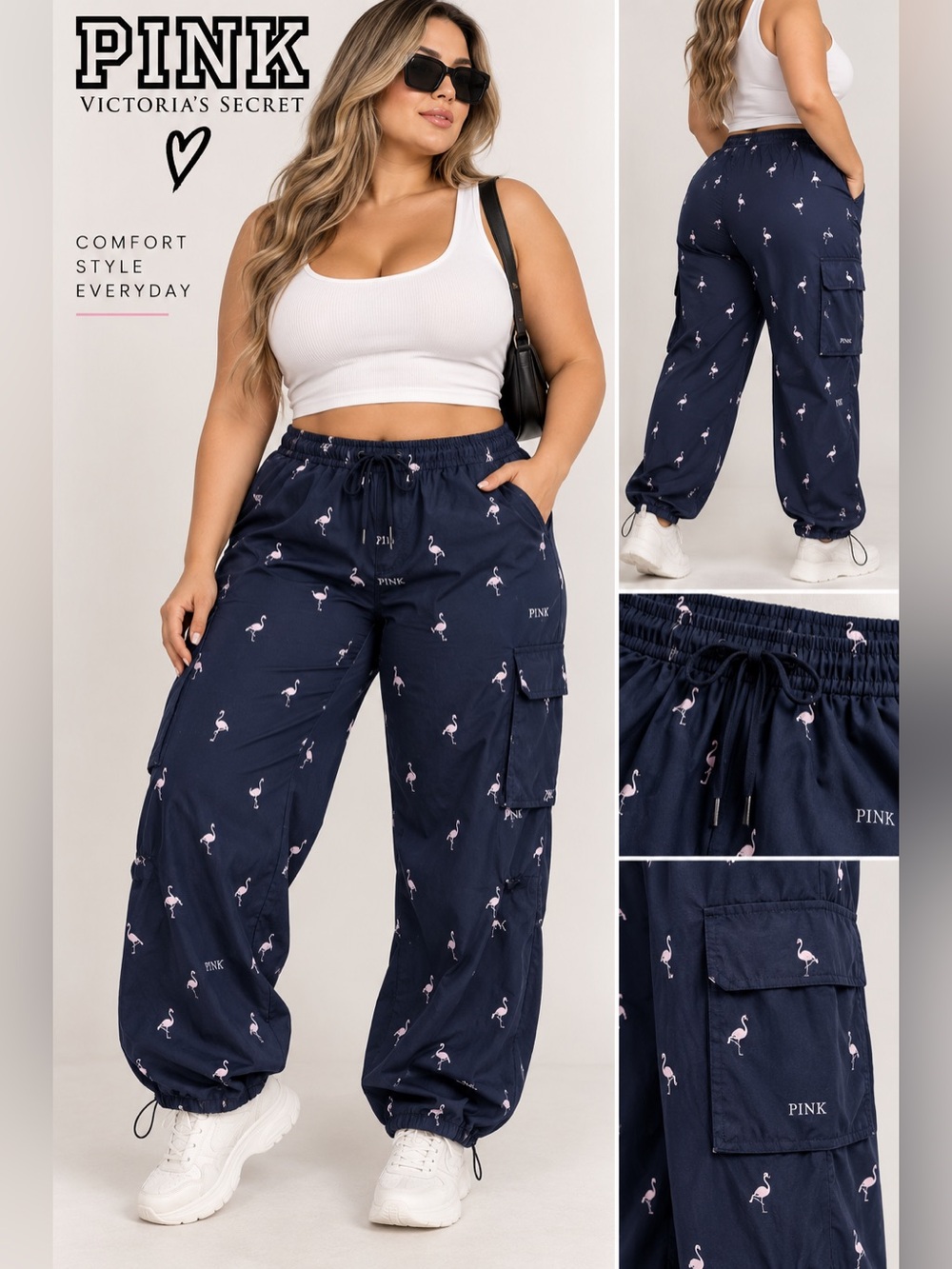 PINK Victoria's Secret Navy Pants with Pink Flamingo Print